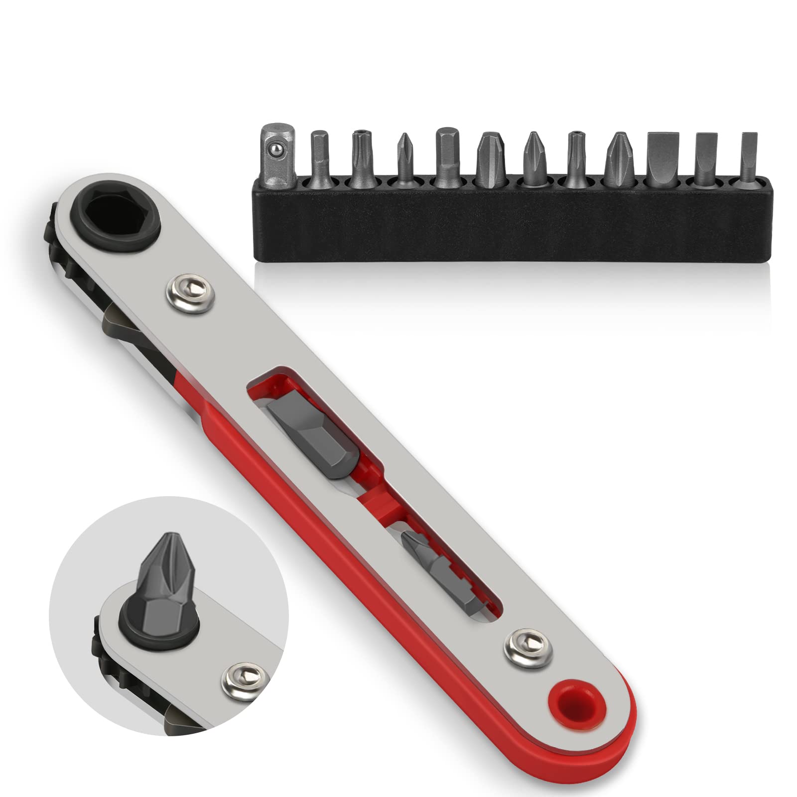 Hakkin 15PCS Mini Ratchet Wrench Set - Close Quarters Ratcheting Screwdriver, 1/4" Hex Shank, High Torque Offset Reversible Drive Handle, Magnetic Screwdriver Bits (Phillips, Slotted, Hex, Torx)