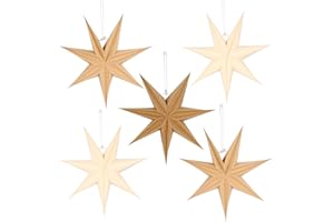 BestoFun 12 Inches 5 PCS Brown Paper Star Lanterns Hanging Khaki Stars Christmas Party Decorations Hanging Beige Lampshade Christmas Wedding Birthday Christmas Home Party Decorations (7 Pointed)