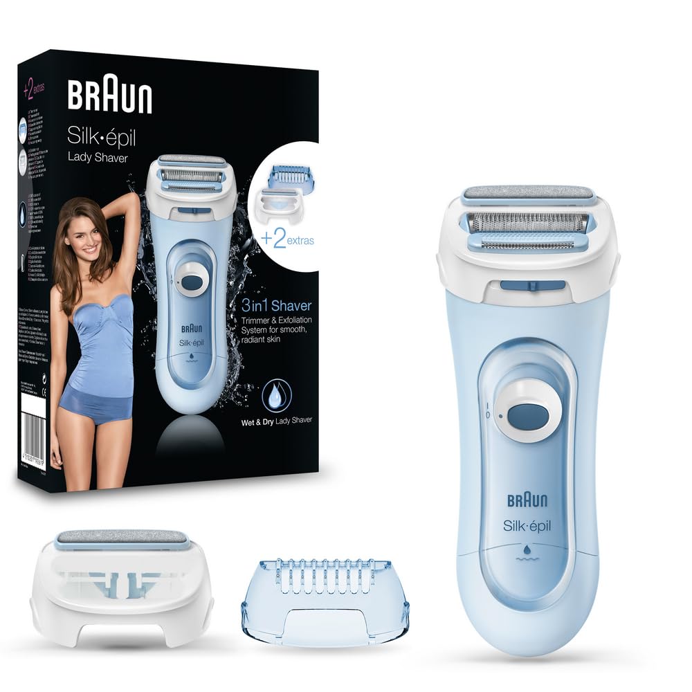 Braun Silk-pil 5 Lady Shaver, 3-in-1 Electric Shaver, Trimmer and Exfoliation System, Wet & Dry, UK 2 Pin Plug, 5-160, Blue