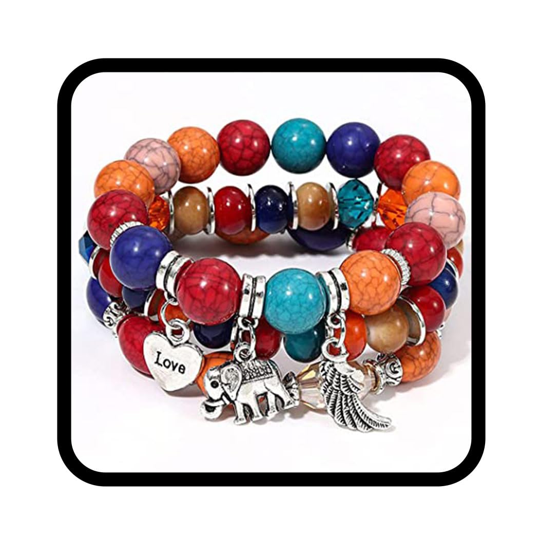Branets Bohemian Elephant Bracelets for Women Multilayer Stretch Beaded Bracelets Wing Charm Love Heart Statement Bangles