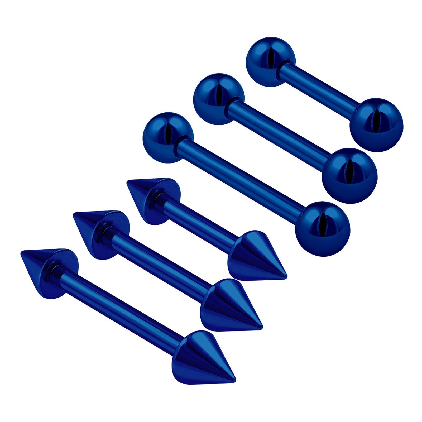 KJM FASHION 6PCS Stainless Steel Dark Blue Straight Barbell 16g 6mm 8mm 10mm 3mm Ball Cone Tragus Earrings Rook Piercing Jewellery 0690