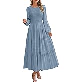 PRETTYGARDEN Womens Long Sleeve Fall Dresses Casual Crew Neck Smocked High Waist Tiered Flowy Maxi Dress with Pockets