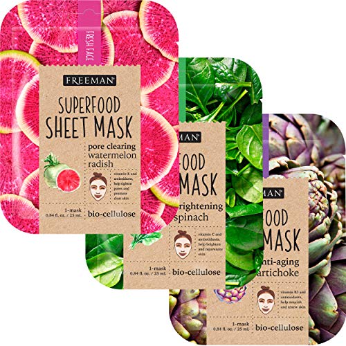 Freeman SuperFoods Sheet Mask – Natural Ingredients, Pore Cleaning, Anti-Aging, Brightening (Pack of 3)