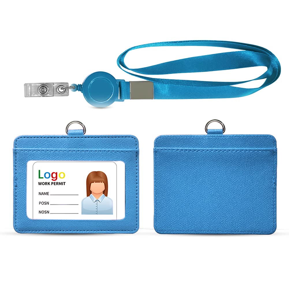 HYCOPROT ID Badge Holder 2-Sided Pu Leather with 1 Id Window and 1 Card Slot and 1 Piece 34.8 Inch Detachable Neck Lanyard id Card Holder for Office School Business Travel Student(SkyBlue,Horizontal) — image 1