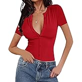 INFITTY T Shirts for Women Short Sleeve V Neck Ribbed Knit Button T Shirts Solid Color Summer Tops