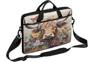 YPPAHHHH 15 Inch Highland Cow Graffiti Floral Western Farm Laptop Bag for Women Men, Waterproof Oxford Laptop Case with Shoul