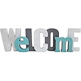 Welcome Wood Signs in Grey Teal White Multicolor - Farmhouse Rustic Freestanding Home Letter Decor for Shelf Mantel- 3D Thick Retro Welcome Wooden Stacking Letters 16x5 Inches