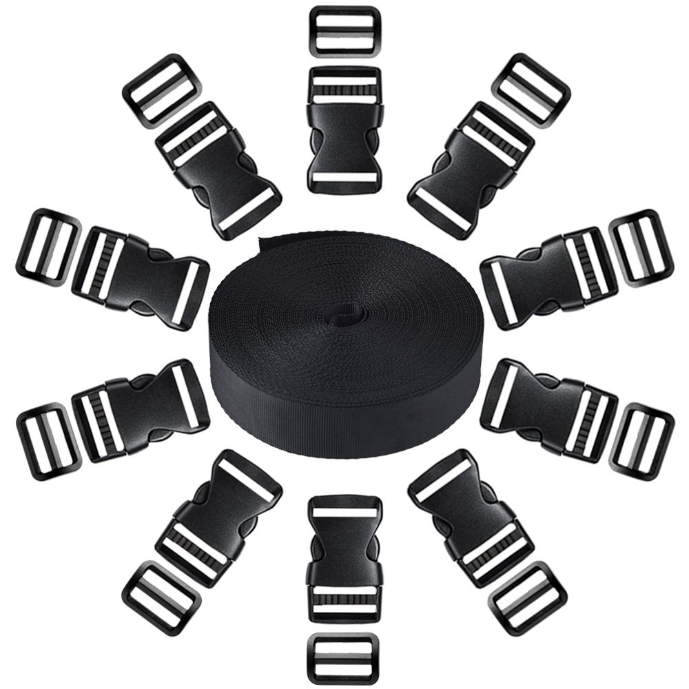 Nylon bing Strap 1 Inch With 10 Pack Side Release & Black Plastic