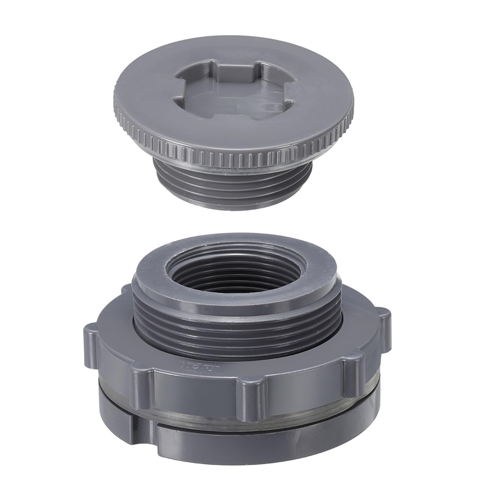 PATIKIL PVC Bulkhead Fitting with Plug NPT1-1/4, Bulkhead Water Tank Connector with Silicone Seal Gasket Garden Hose Fitting with Plug for Rain Bucket, Sinks, Aquariums, Gray