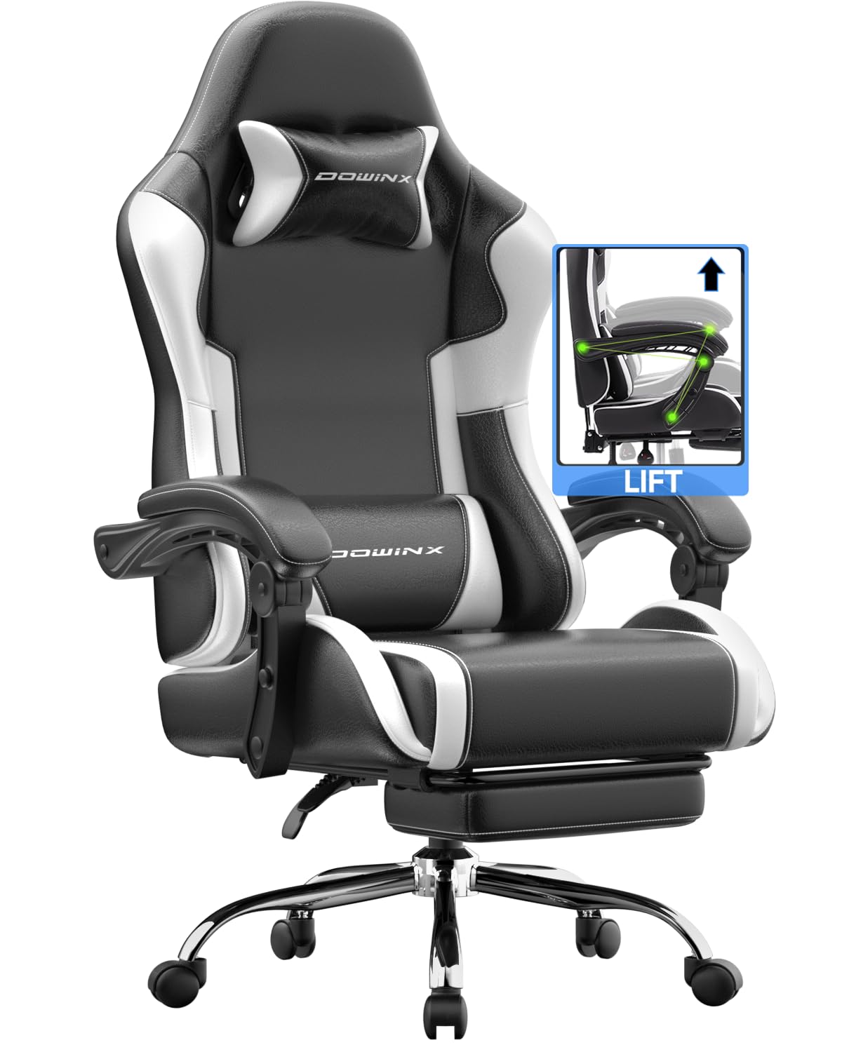 Dowinx Gaming Stuhl Bürostuhl Massage Gaming Sessel mit höhenverstellbaren Linkage-Armlehnen, ergonomischer Gamer Stuhl mit Fußstütze, gepolstert Gaming Chair 150° neigbar bis 180 kg, Weiß