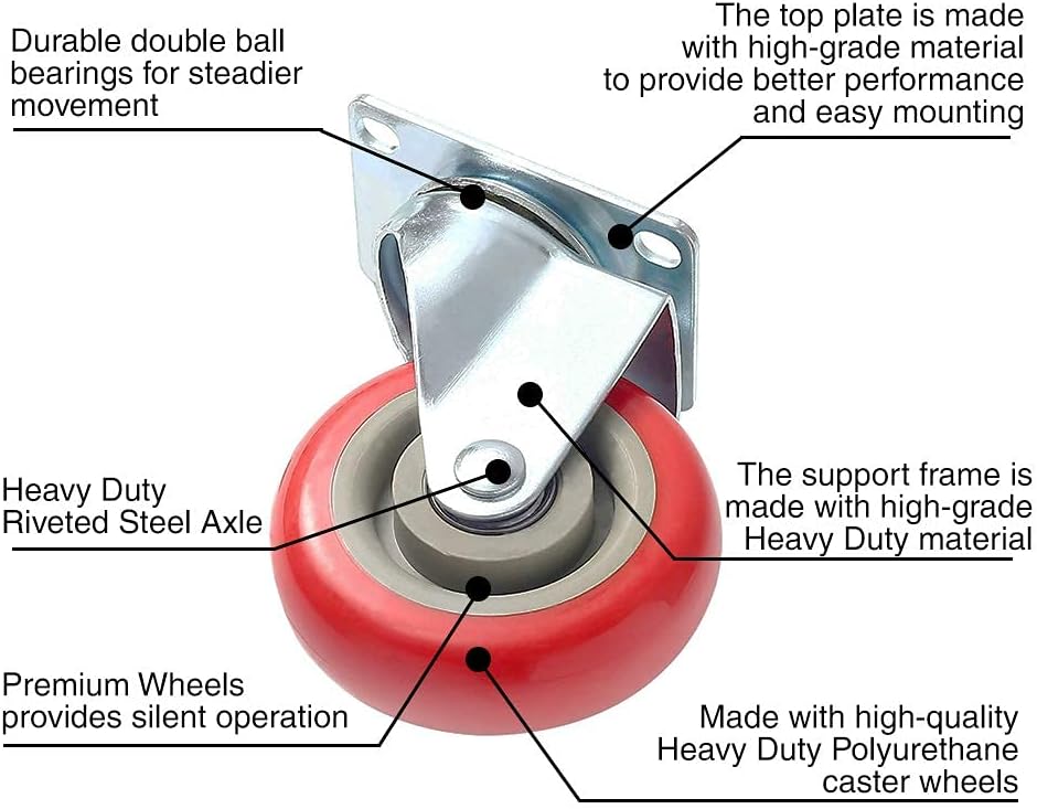 8 Pack 4" Caster Wheels Swivel 360 Degree 4 with Brake Swivel and 4 Swivel Plate Combo On Red Polyurethane Wheels with Hardware: Home Improvement