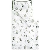 Wake In Cloud - Toddler Nap Mat with Pillow and Blanket, 100% Cotton Fabric, for Kids Girls in Daycare Kindergarten Preschool, Floral Botanical Flowers, White Green, Standard