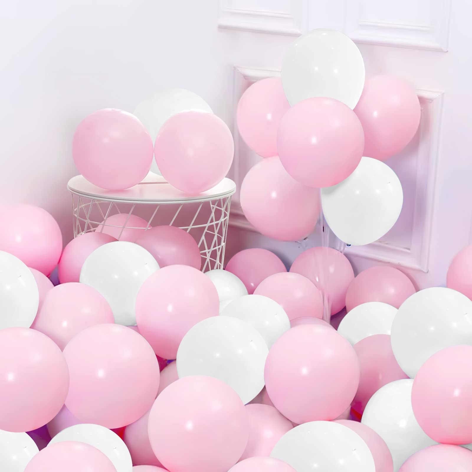 Pink and White Balloons, 30Pcs 12 Inch Macaron Pastel Pink White Latex Bulk Balloon for Baby Shower Birthday Wedding Engagement Anniversay Christmas Festival Picnic or Friends Family Party Decorations