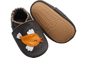 mepiq Soft Leather Slippers Baby Moccasins with Rubber Sole, Anti-Slip Infant Toddler First Walking Shoes for Boys Girls, 0-24 Months