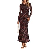 MEROKEETY Women's 2026 Spring Wedding Guest Maxi Dress Long Sleeve Bodycon Floral Mesh Fall Cocktail Formal Party Dresses
