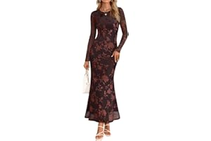 MEROKEETY Women's Fall Cocktail Formal Wedding Guest Dress Long Sleeve Maxi Bodycon Floral Mesh Winter Party Dresses
