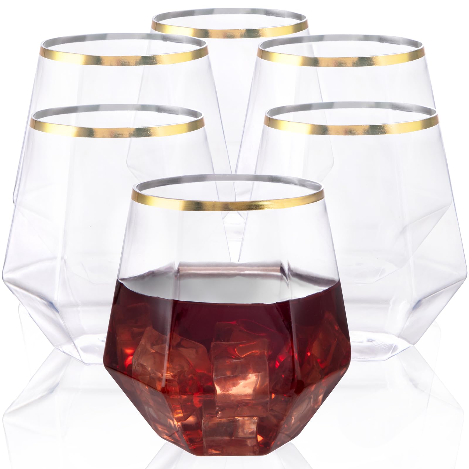 Photo 1 of LUODA 32 Pack Gold Plastic Stemless Wine Glasses, 12 Oz Disposable Diamond Shaped Wine Glasses, Clear Plastic Whiskey Glasses with Gold Rim For Serving White Wine