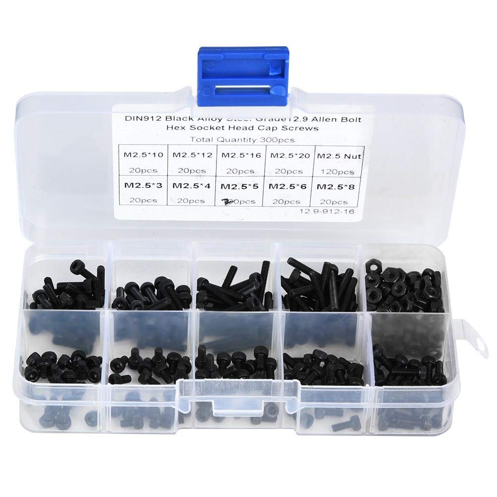 Hex Socket Screw Set, 300pcs M2.5 x 3-20mm 12.9 Grade Black Alloy Steel Hex Socket Head Cap Screw Bolt with Nut