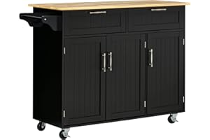 HOMCOM 48" Kitchen Island with Storage and Solid Wood Top, Rolling Kitchen Cart on Wheels with 2 Storage Drawers, 3 Doors and