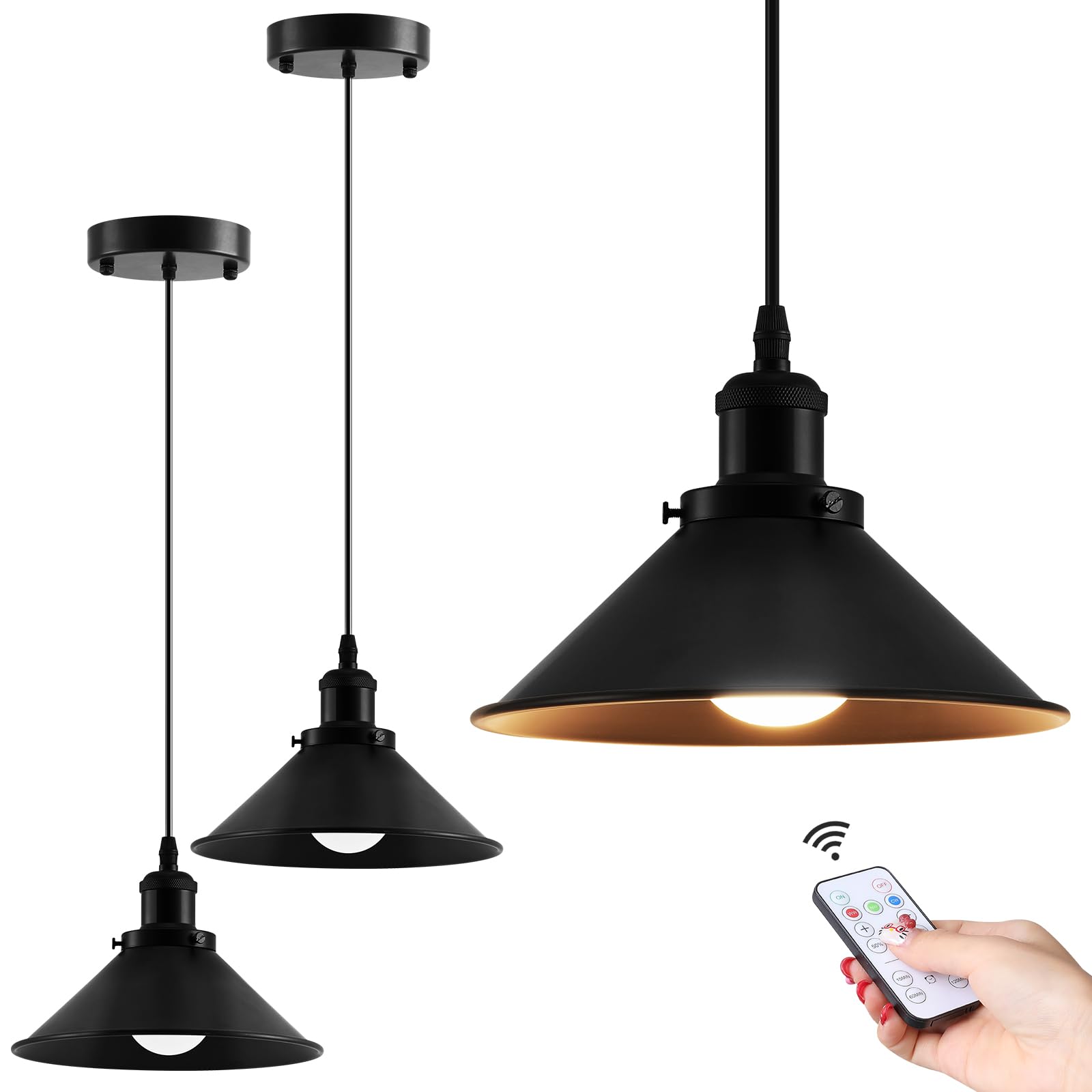 Photo 1 of Bailoch 2 Pack Black Battery Operated Pendant Lights, Rechargeable No Wiring Chandelier with Remote?Wireless Battery Powered Hanging Lamp Fixture for Ceiling Kitchen Island Dining Room Hallway Bedroom