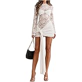 Floerns Women's Lace Sheer Bodycon Mini Dress Long Sleeve Tie Knot Party Dresses