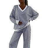 Melliflo Women 2 Piece Outfits Lounge Sets Striped Print Long Sleeve V Neck Sweatshirt and Shorts Set Sweatsuit