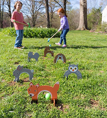 Woodland Animal Croquet Set for Kids - Outdoor Yard Games Includes 6 Wickets, 2 Mallets, 2 Balls, Instructions - Mallets Measure 24'' Long