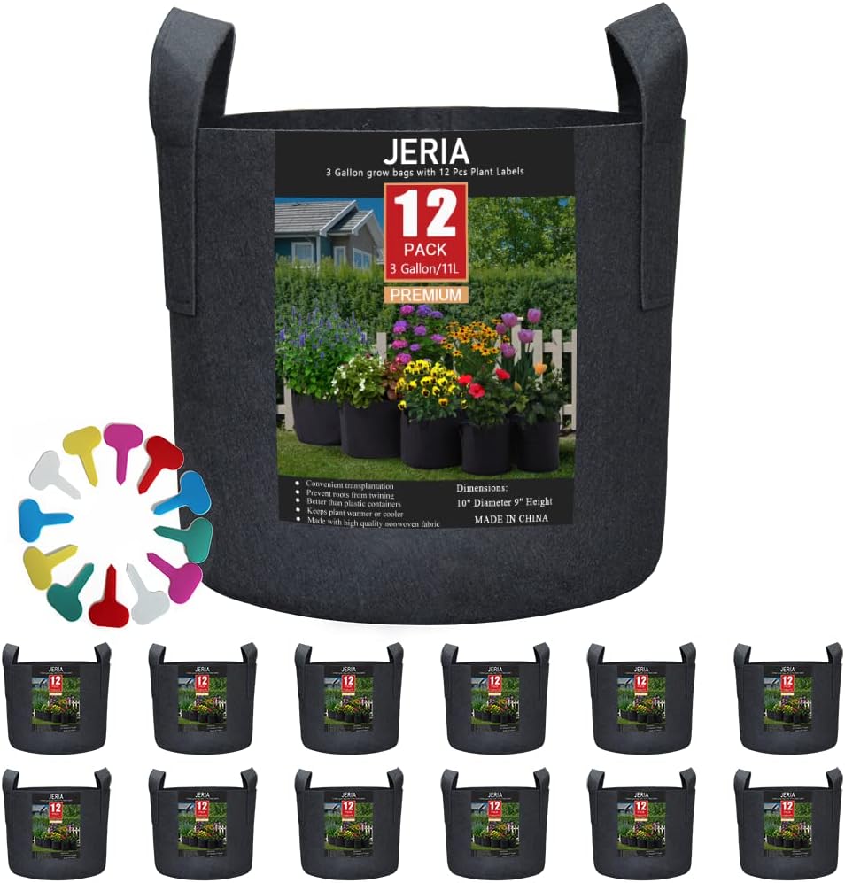 JERIA 12-Pack 3 Gallon Grow Bags with Handles & Plant Labels - Black