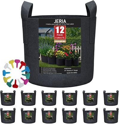 JERIA 12-Pack 3 Gallon Grow Bags with Handles & Plant Labels - Black