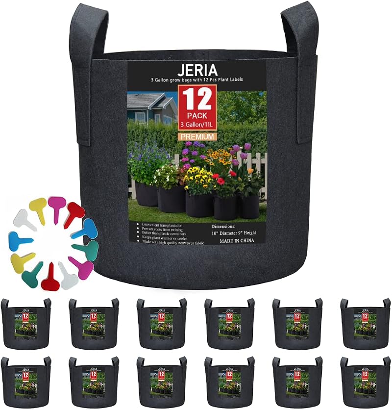 JERIA 12-Pack 3 Gallon Grow Bags with Handles & Plant Labels - Black