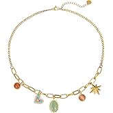 GZQ Gold-Tone Chain Necklace with Enamel Heart, Green Stone, Star Charms, 22 inches Charm Necklace for Women Fashion Jewelry Gifts(N16)