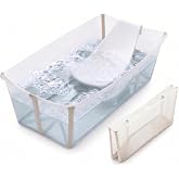 Stokke Flexi Bath Bundle - Foldable Bathtub + Newborn Support, Sandy Beige | Spacious Baby Bathtub for Birth - 4 Yrs + Newborn Insert, Lightweight, Foldable, Easy to Store - Convenient for Home &amp; Travel
