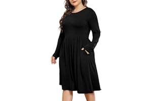POSESHE Women's Plus Size Dresses 2024 Long Sleeves Crew Neck Casual Dresses Empire Waist Loose Flowy Dress with Pockets