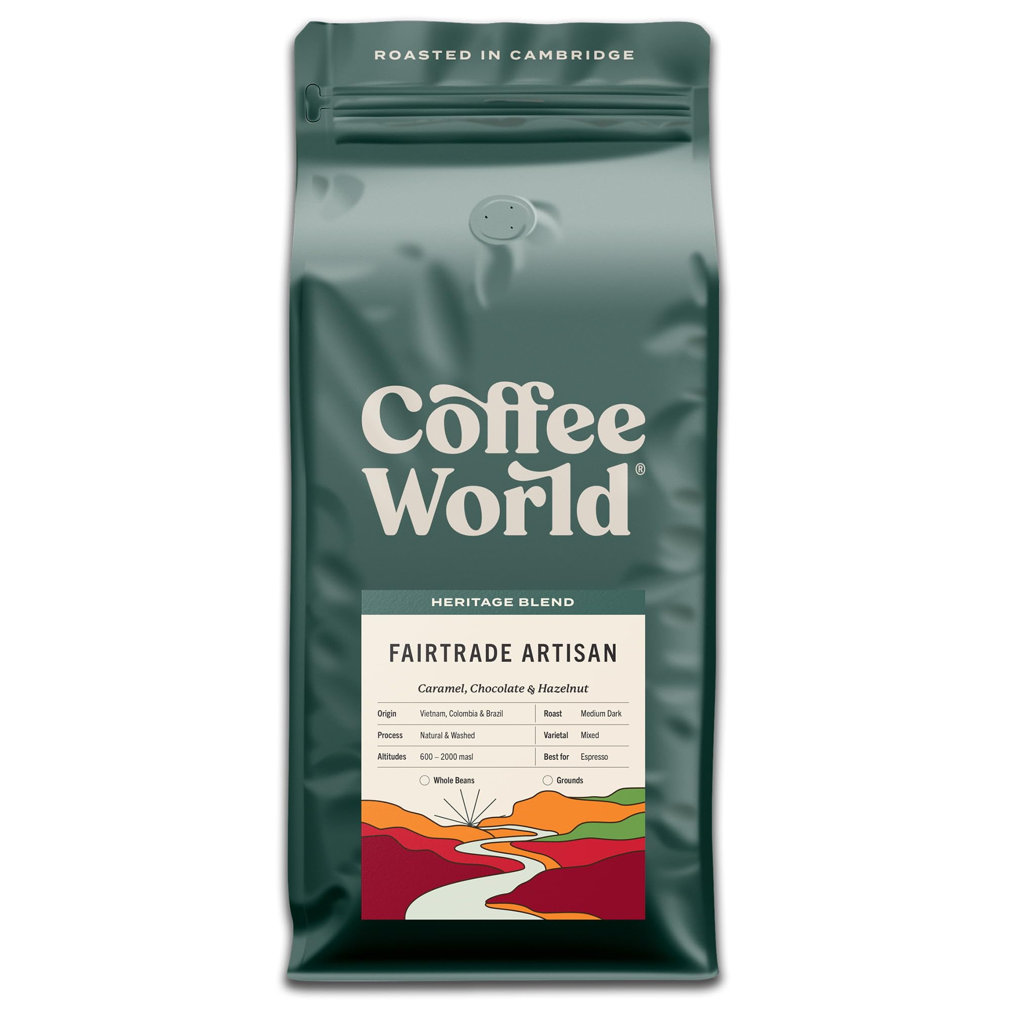 Coffee World, Fairtrade Artisan Blend, Roasted in Cambridge, Whole Coffee Beans, Retail Bag (1kg)
