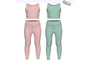 Essenclo Girls Athletic Leggings Yoga Pants w/Sleeveless Crop Tank Tops for Kids Workout Cheer Dance Run Sizes 3-16, 5pc Set