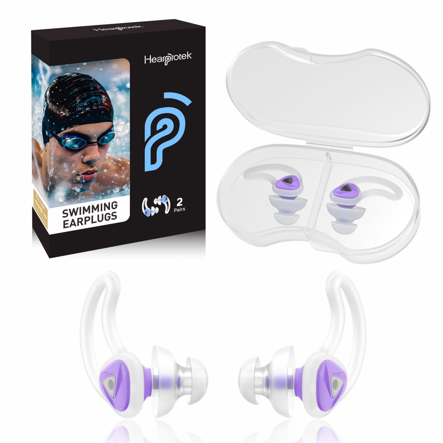 Hearprotek Swimming Ear Plugs Adults, 2 Pairs Silicone Waterproof Swim Earplugs Protection for Pool, Shower, Bath, Swim Water Sports Purple