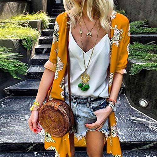 Farmerl Cardigan for Women Casual Shawl Print Cover Up Blouse Beachwear Kimono Yellow - Thumbnail 2