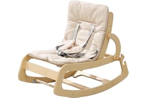 BAOTREE 3-in-1 Baby Bouncer Adjustable Wooden Rocker Chair, Ergonomic Design Baby Lounger with Removable Cushion,Seat Belt and Booster, Recliner for Infants to Toddler (Beige)