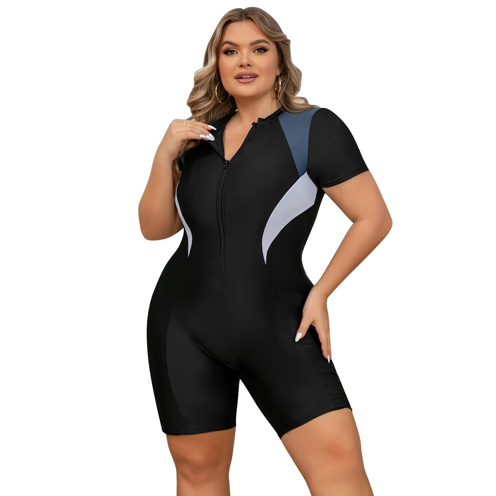 Photo 1 of EFOGEP Plus Size Rash Guard for Women Zip Up High Stretchy Long Sleeve One Piece Sun Protection Swimsuits Bathing Suit Color Block Black 3XL