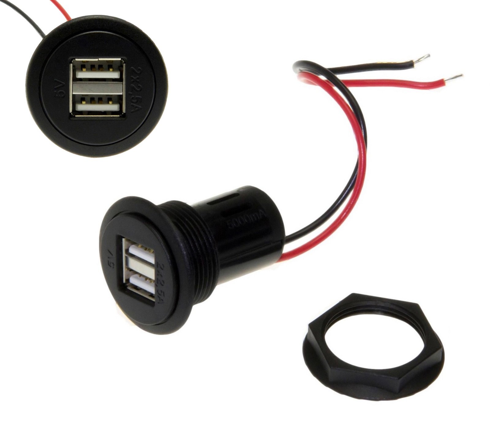 Adapter-Universe Recessed Double Socket USB 5V Car Plug 12-24V Black