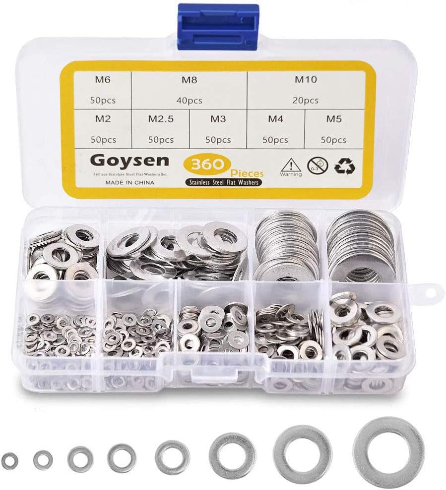 Goysen Stainless Steel Flat Washers, 360PCS Assorted Flat Metal Washers with Plastic Compartment Container