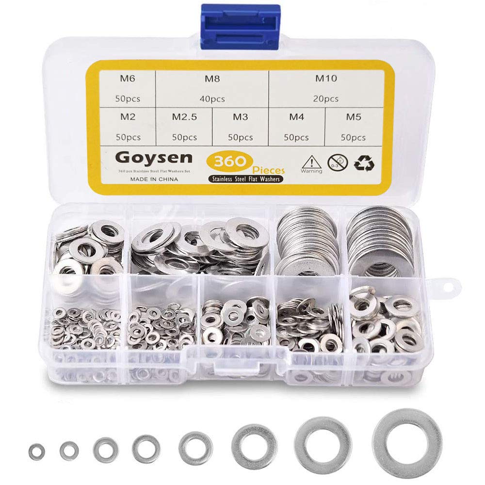Goysen Stainless Steel Flat Washers, 360PCS Assorted Flat Metal Washers with Plastic Compartment Container - 8 Different Sizes (M2 M2.5 M3 M4 M5 M6 M8 M10) for Home, Automotive & Shop Use