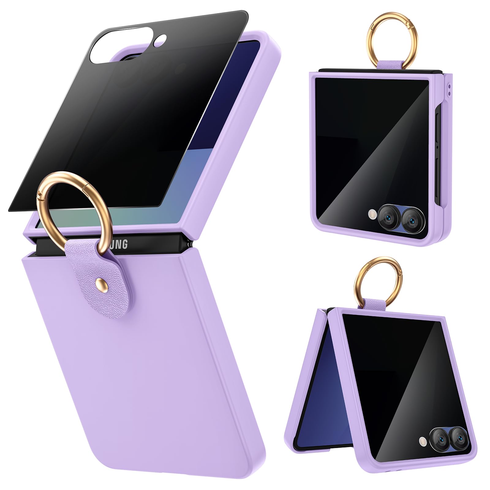 Photo 1 of Ruky Case for Samsung Galaxy Z Flip 7, Built-in Outer Privacy Screen Protector Hard PC Shockproof Protective Phone Case, Girls Women Ring Cover for Samsung Galaxy Z Flip 7, Purple