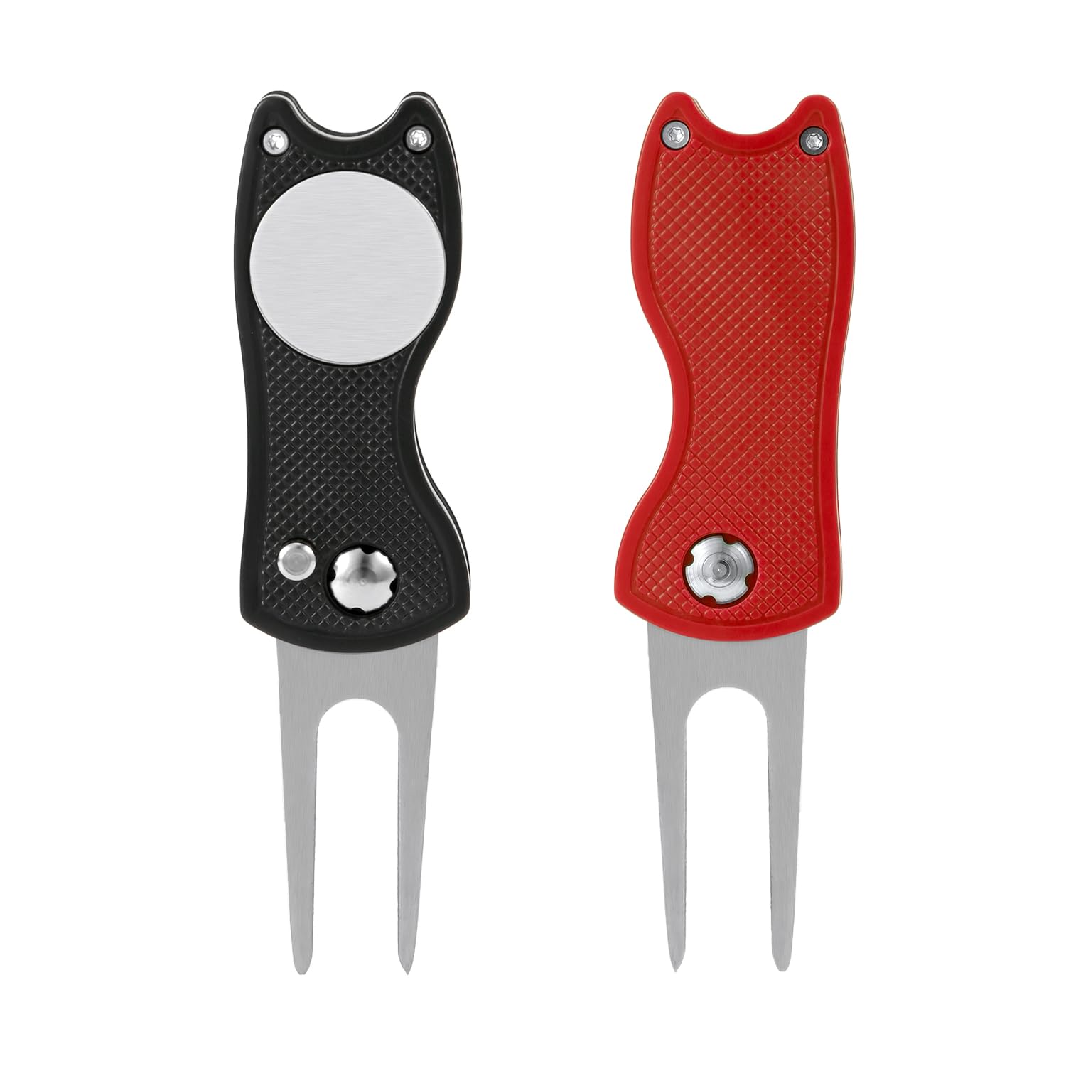 Photo 1 of PEUTIER 2pcs Golf Divot Repair Tool with Magnetic Ball Marker, Foldable Pop-up Divot Turf Fork Metal Putting Fork for Golf Lover (Black, Red)