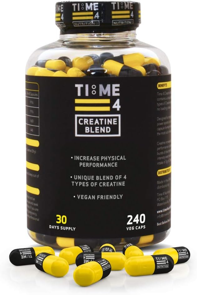 Time 4 Creatine Blend, 240 Creatine Capsules Not Creatine Tablets, 30 Day Supply, Unique Blend of 4 Types of Creatine