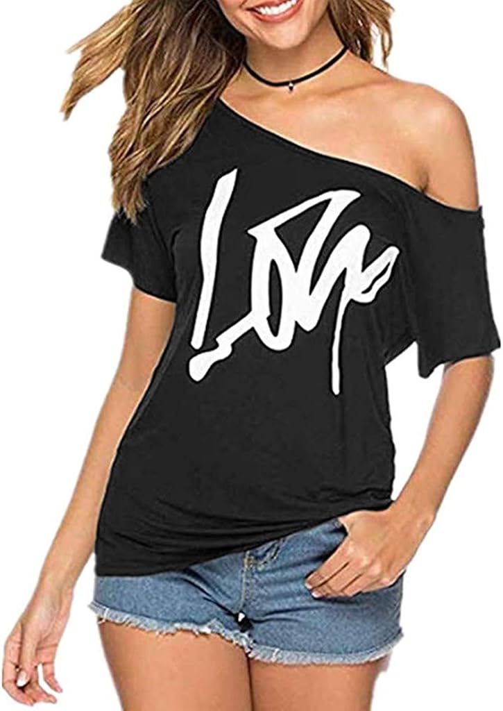 Women's Short Sleeve TShirt Sexy Off Shoulder Print Tops with Love