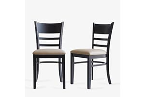 Livinia Cabin Dining Chair Set of 2, Solid Malaysian Oak PU Leather Upholstered Cushion Seat Wooden Ladder Back Side Chairs (Black) Assembly Required