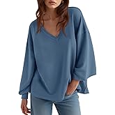 Fisoew Women‘s Oversized Sweatshirts Casual Deep V Neck Lantern Long Sleeve Fall Pullover Tops