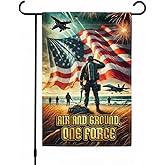 FLAGMEUP8386 Joint Forces Military Garden Flag 12x18 In Doublesided Saluting Soldiers Fighter Jets American Flag All-Weather Decor for Veterans Day & Patriot Day