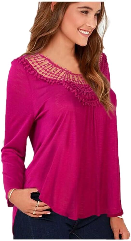 Queenlife Women's Hollow Sexy Long-Sleeved Shirt Casual Bottoming Blouse Tops (XXL, Hot Pink)